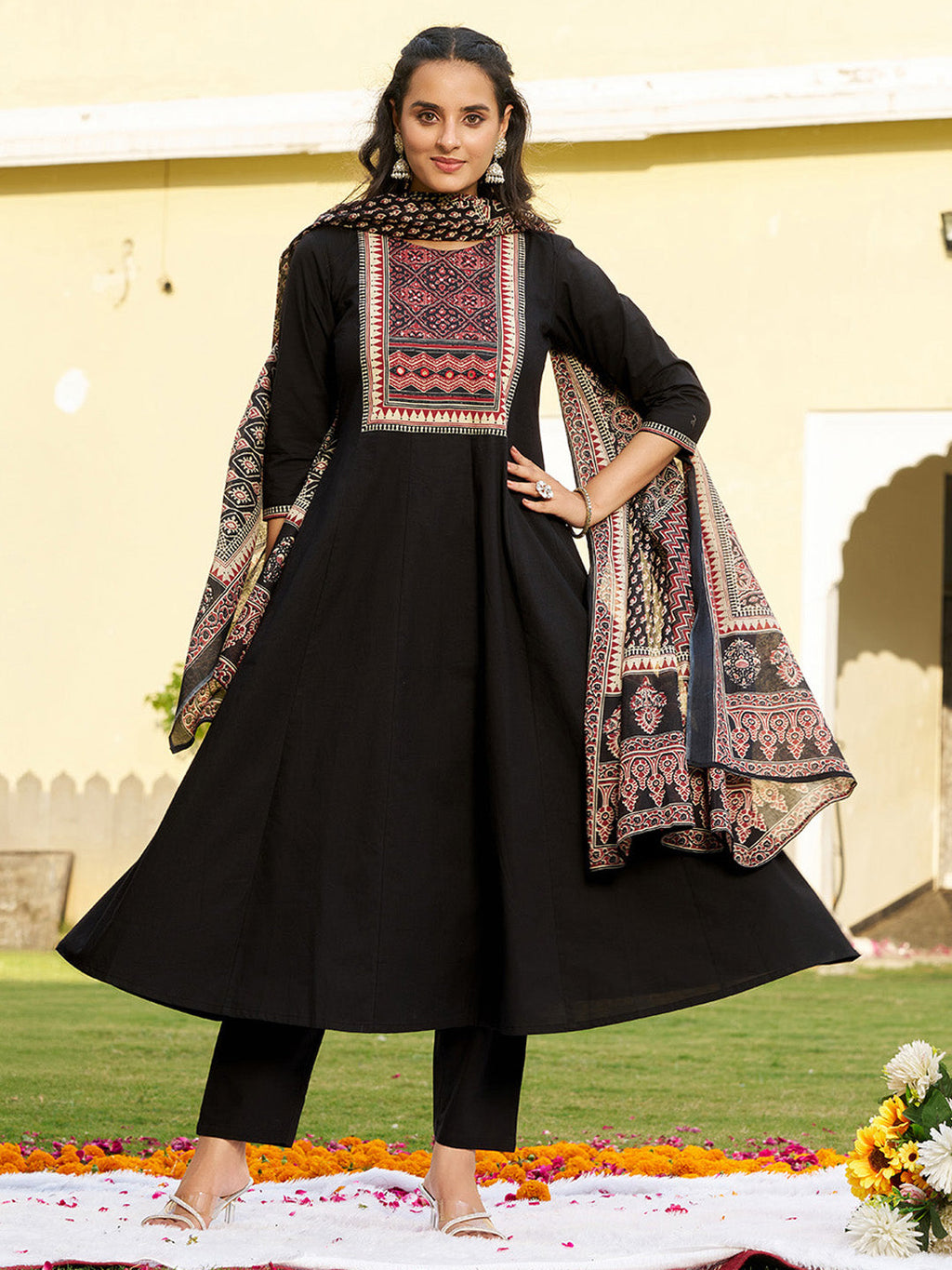 Embroidered & Ethnic Printed Anarkali Kurta With Pant & Printed Dupatta, Black - Hiral Fashion - Distacart