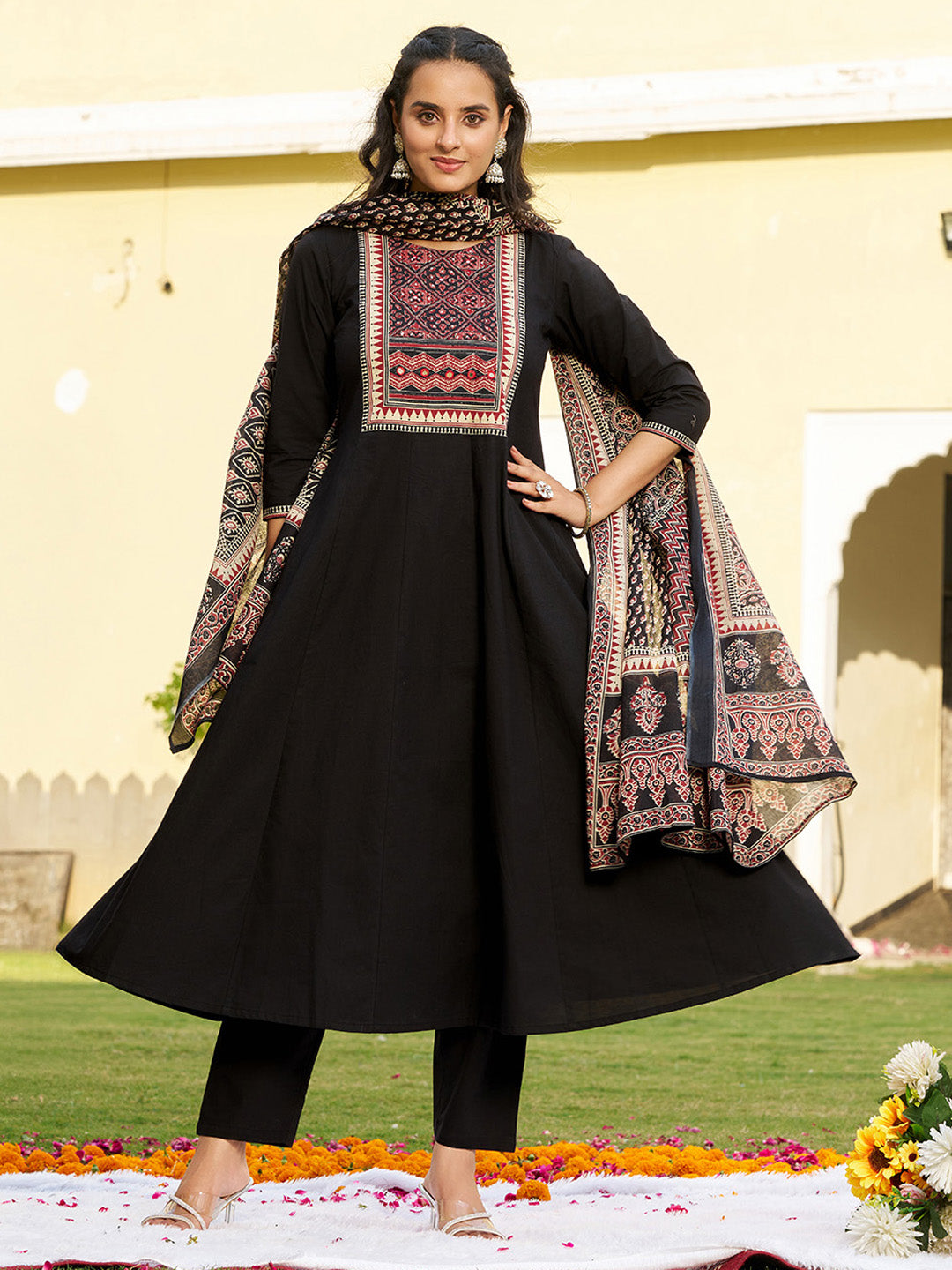 Embroidered & Ethnic Printed Anarkali Kurta With Pant & Printed Dupatta, Black - Hiral Fashion - Distacart
