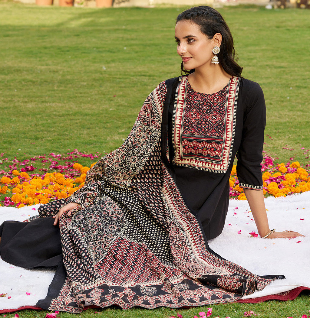 Embroidered & Ethnic Printed Anarkali Kurta With Pant & Printed Dupatta, Black - Hiral Fashion - Distacart