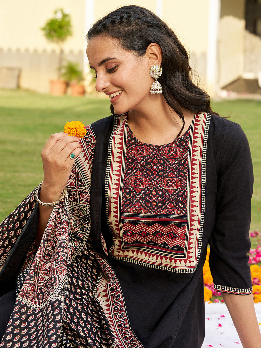 Embroidered & Ethnic Printed Anarkali Kurta With Pant & Printed Dupatta, Black - Hiral Fashion - Distacart