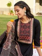 Embroidered & Ethnic Printed Anarkali Kurta With Pant & Printed Dupatta, Black - Hiral Fashion - Distacart