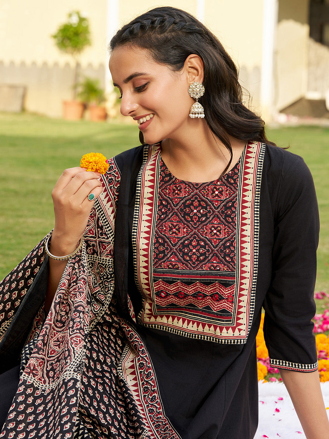 Embroidered & Ethnic Printed Anarkali Kurta With Pant & Printed Dupatta, Black - Hiral Fashion - Distacart