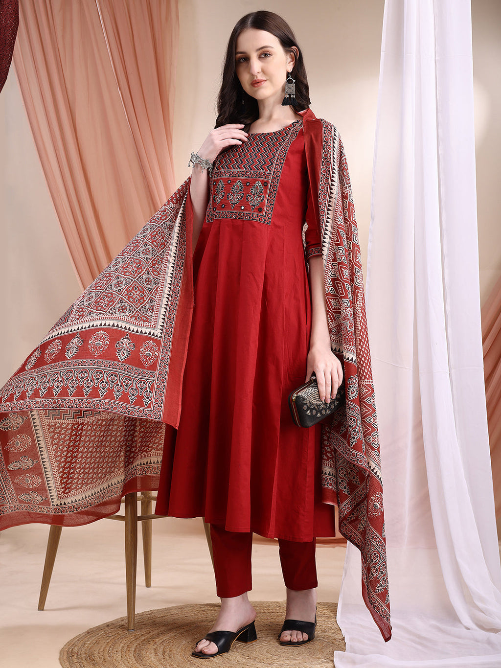 Embroidered & Ethnic Printed Anarkali Kurta With Pant & Printed Dupatta, Maroon - Hiral Fashion - Distacart