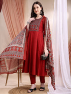 Embroidered & Ethnic Printed Anarkali Kurta With Pant & Printed Dupatta, Maroon - Hiral Fashion - Distacart