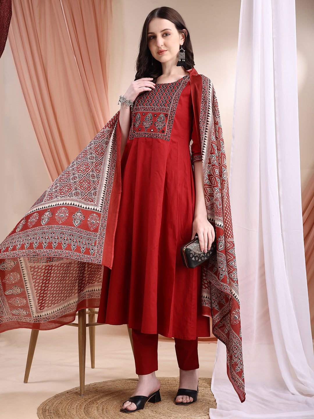 Embroidered & Ethnic Printed Anarkali Kurta With Pant & Printed Dupatta, Maroon - Hiral Fashion - Distacart
