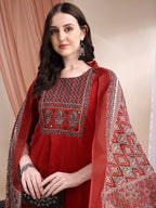 Embroidered & Ethnic Printed Anarkali Kurta With Pant & Printed Dupatta, Maroon - Hiral Fashion - Distacart