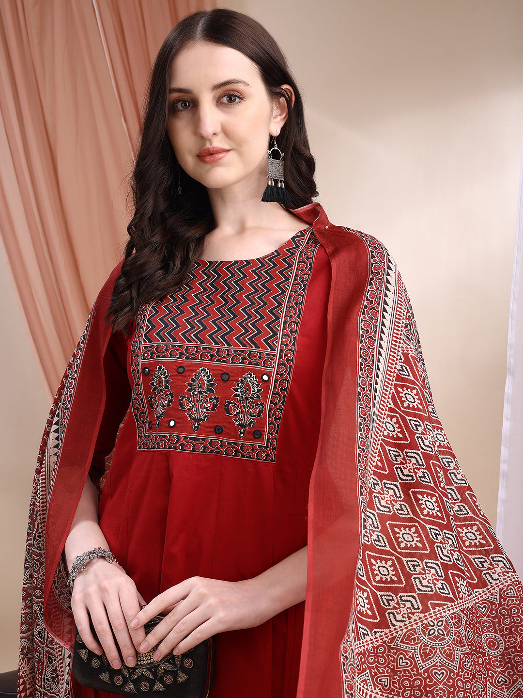 Embroidered & Ethnic Printed Anarkali Kurta With Pant & Printed Dupatta, Maroon - Hiral Fashion - Distacart