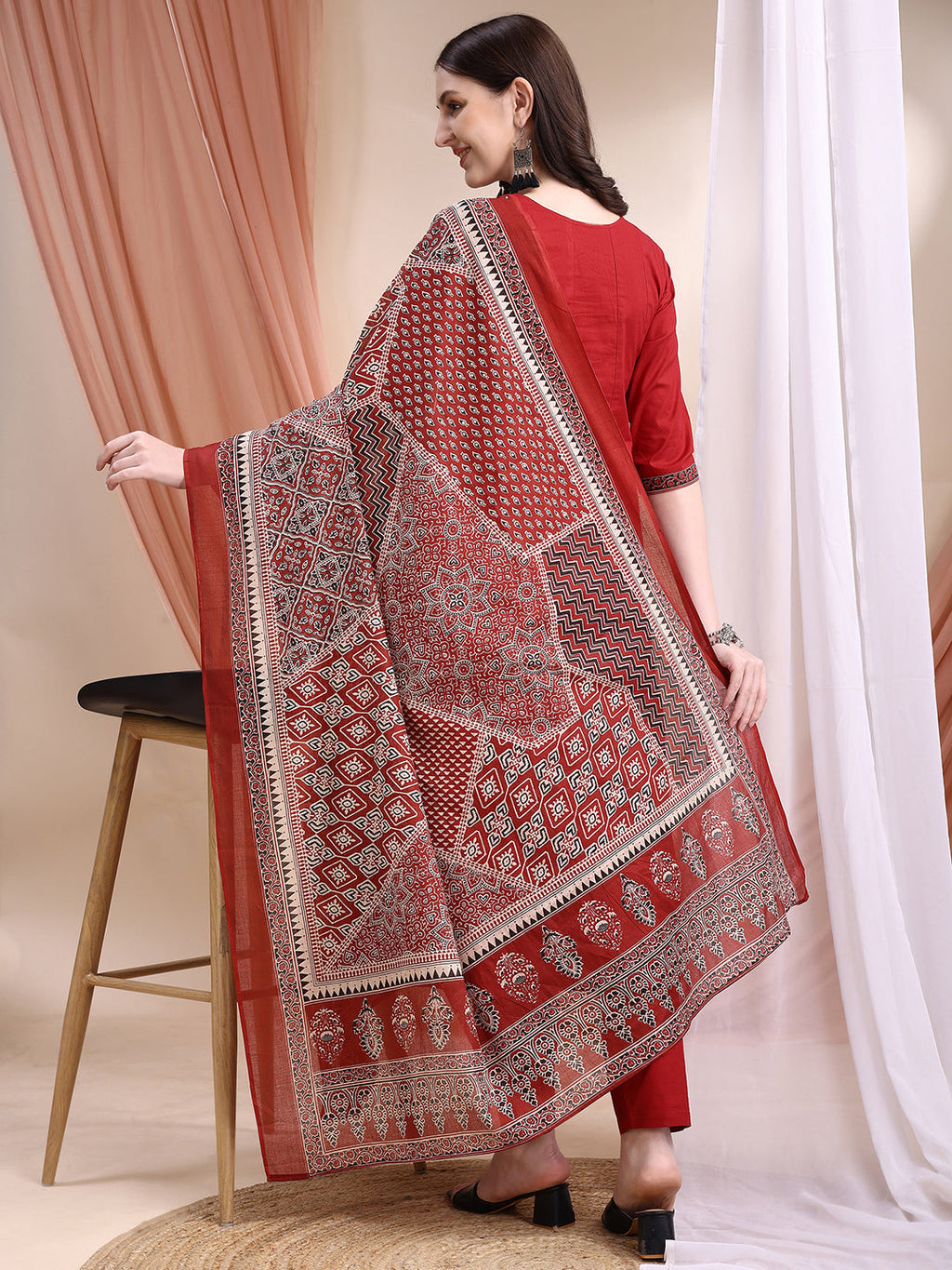 Embroidered & Ethnic Printed Anarkali Kurta With Pant & Printed Dupatta, Maroon - Hiral Fashion - Distacart