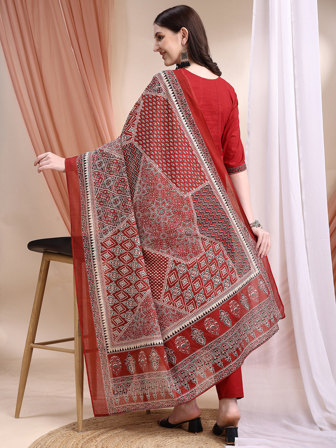 Embroidered & Ethnic Printed Anarkali Kurta With Pant & Printed Dupatta, Maroon - Hiral Fashion - Distacart
