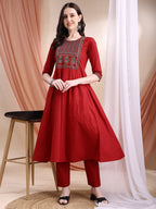 Embroidered & Ethnic Printed Anarkali Kurta With Pant & Printed Dupatta, Maroon - Hiral Fashion - Distacart