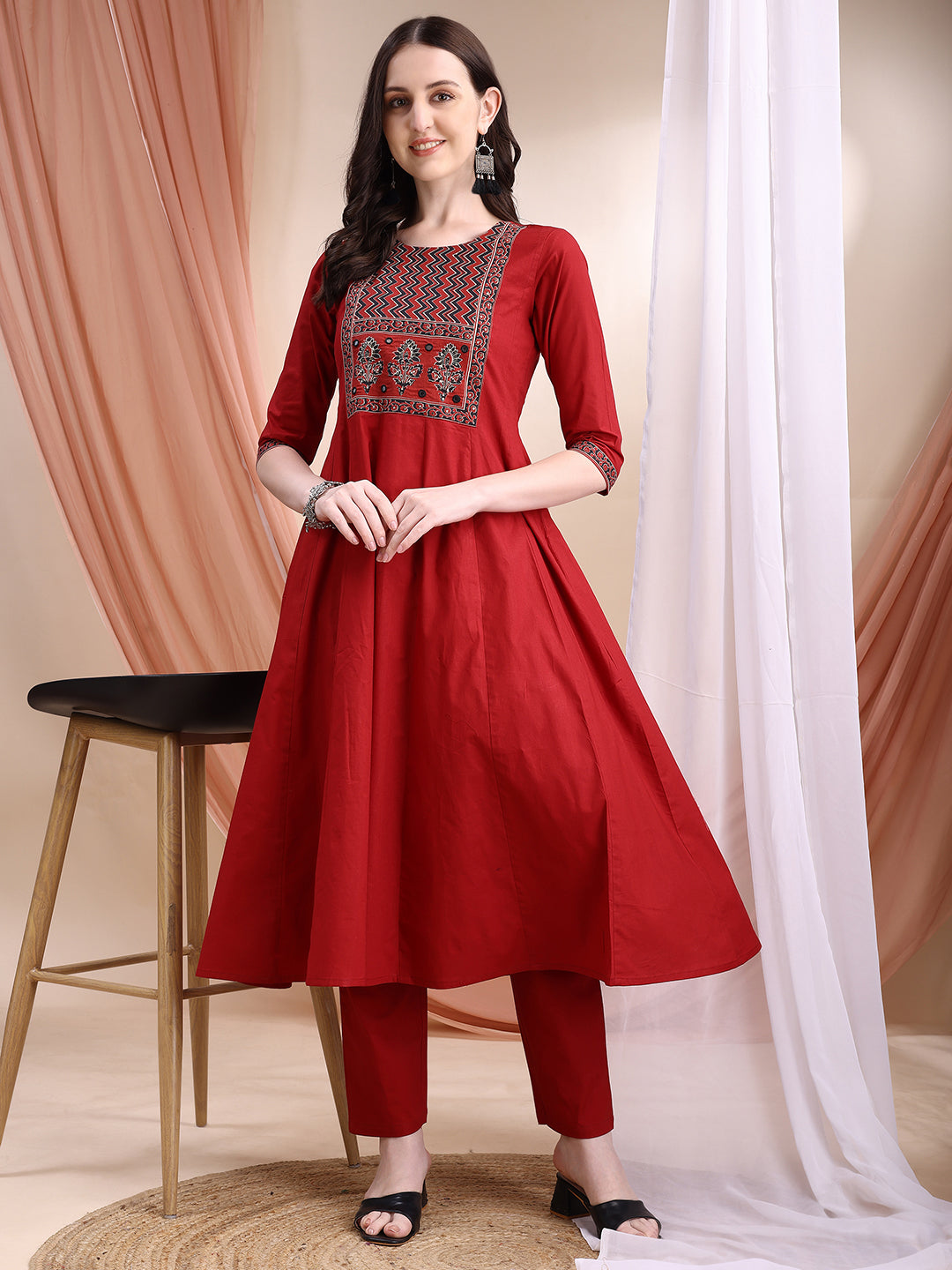 Embroidered & Ethnic Printed Anarkali Kurta With Pant & Printed Dupatta, Maroon - Hiral Fashion - Distacart