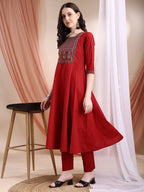 Embroidered & Ethnic Printed Anarkali Kurta With Pant & Printed Dupatta, Maroon - Hiral Fashion - Distacart
