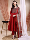 Embroidered & Ethnic Printed Anarkali Kurta With Pant & Printed Dupatta, Maroon - Hiral Fashion - Distacart