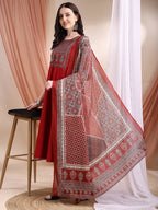 Embroidered & Ethnic Printed Anarkali Kurta With Pant & Printed Dupatta, Maroon - Hiral Fashion - Distacart