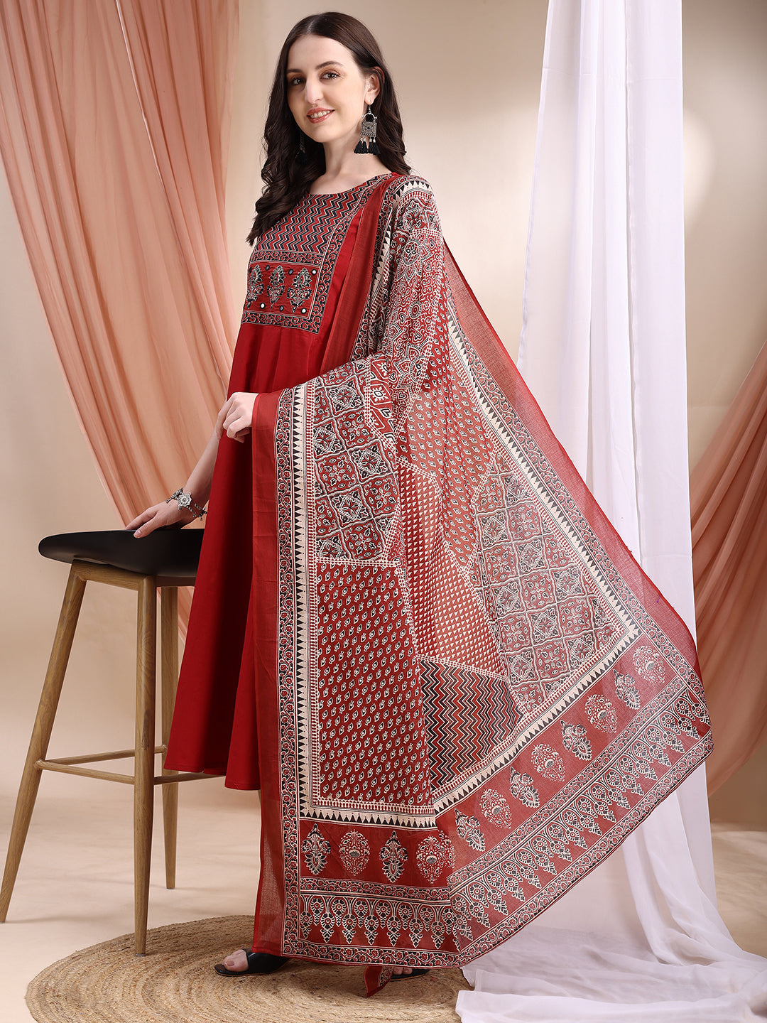 Embroidered & Ethnic Printed Anarkali Kurta With Pant & Printed Dupatta, Maroon - Hiral Fashion - Distacart