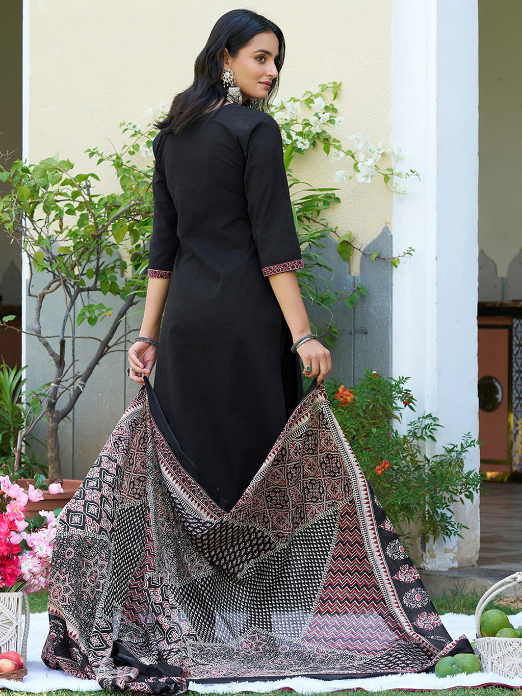 Embroidered & Ethnic Printed Kurta With Pant & Printed Dupatta, Black - Hiral Fashion - Distacart