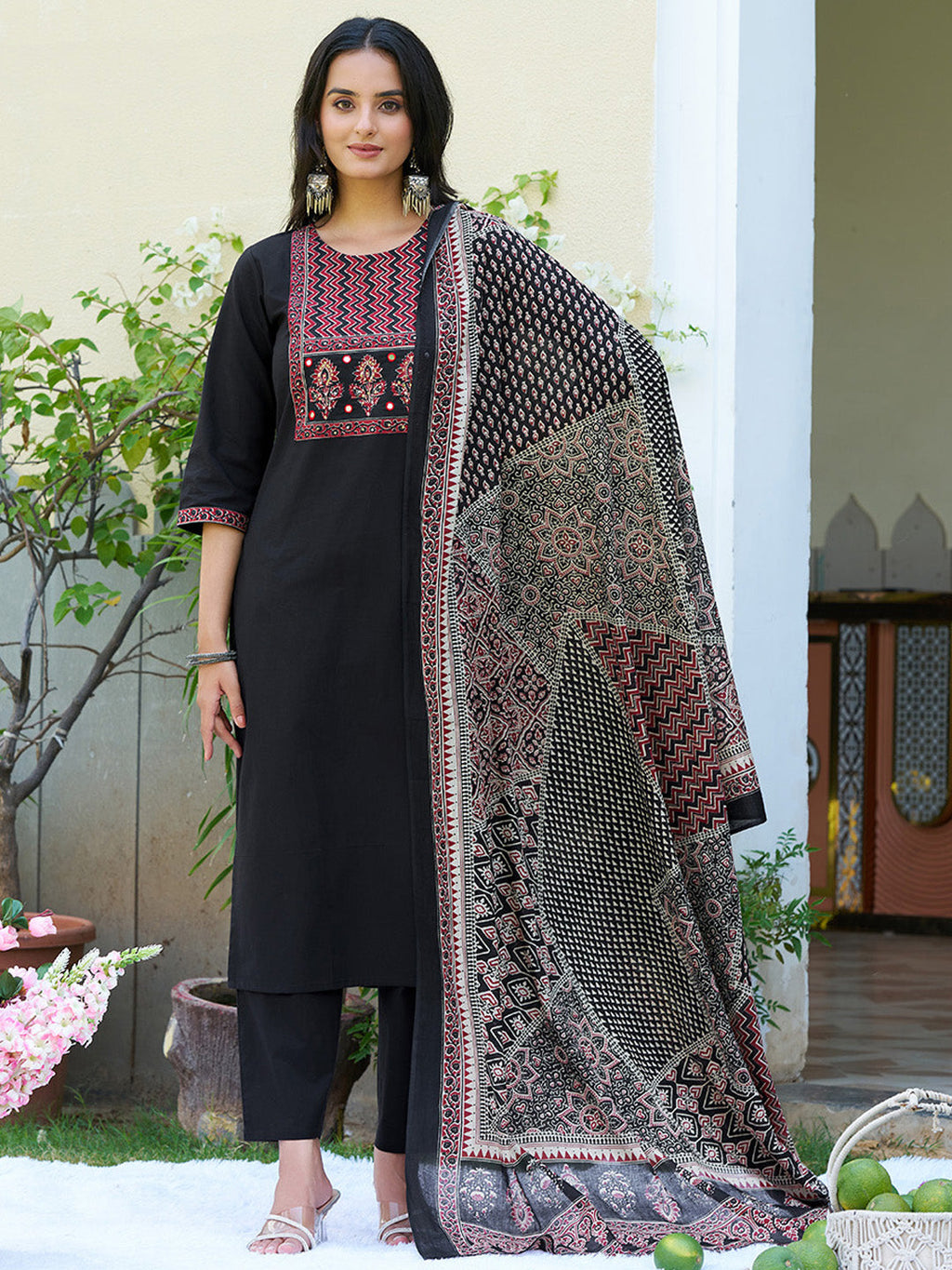 Embroidered & Ethnic Printed Kurta With Pant & Printed Dupatta, Black - Hiral Fashion - Distacart
