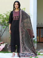 Embroidered & Ethnic Printed Kurta With Pant & Printed Dupatta, Black - Hiral Fashion - Distacart