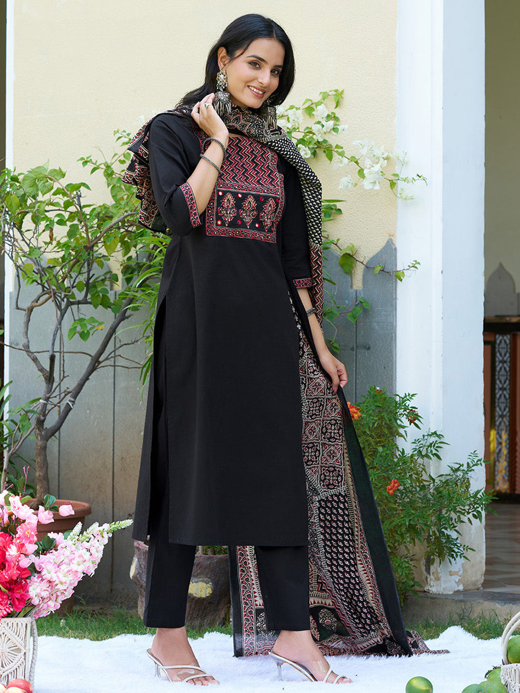 Embroidered & Ethnic Printed Kurta With Pant & Printed Dupatta, Black - Hiral Fashion - Distacart