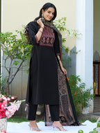 Embroidered & Ethnic Printed Kurta With Pant & Printed Dupatta, Black - Hiral Fashion - Distacart
