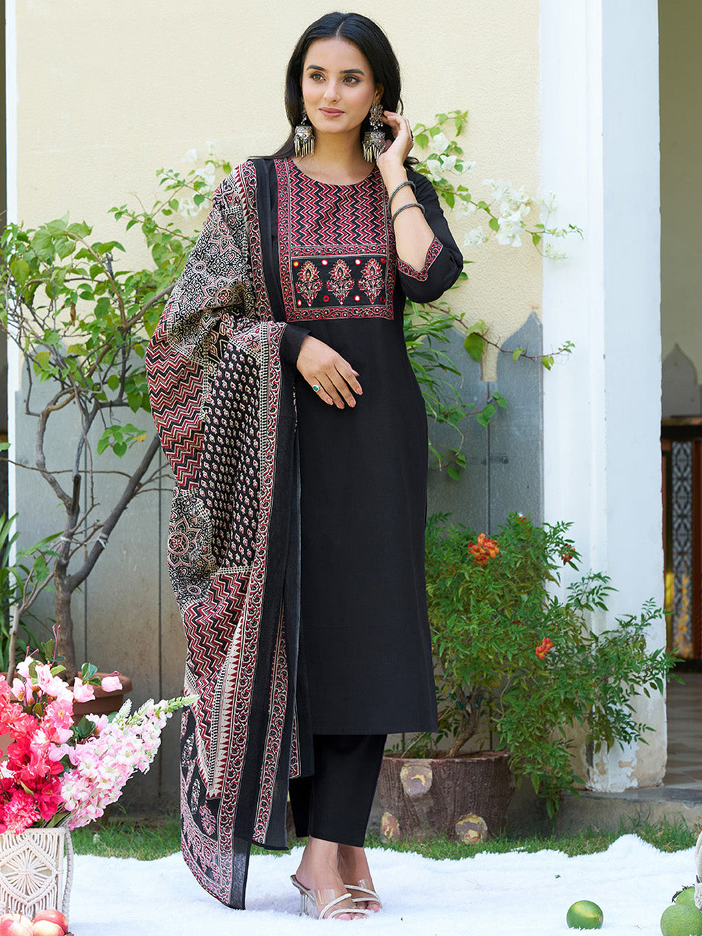 Embroidered & Ethnic Printed Kurta With Pant & Printed Dupatta, Black - Hiral Fashion - Distacart