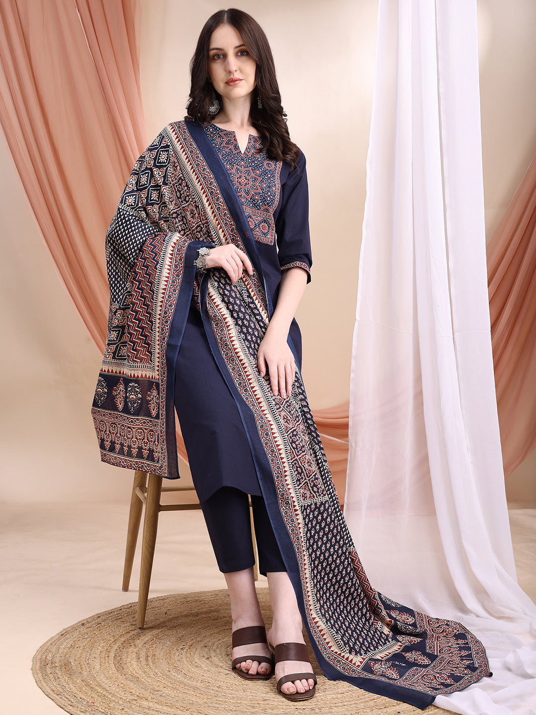 Embroidered & Ethnic Printed Kurta With Pant & Printed Dupatta, Navy Blue - Hiral Fashion - Distacart