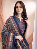 Embroidered & Ethnic Printed Kurta With Pant & Printed Dupatta, Navy Blue - Hiral Fashion - Distacart