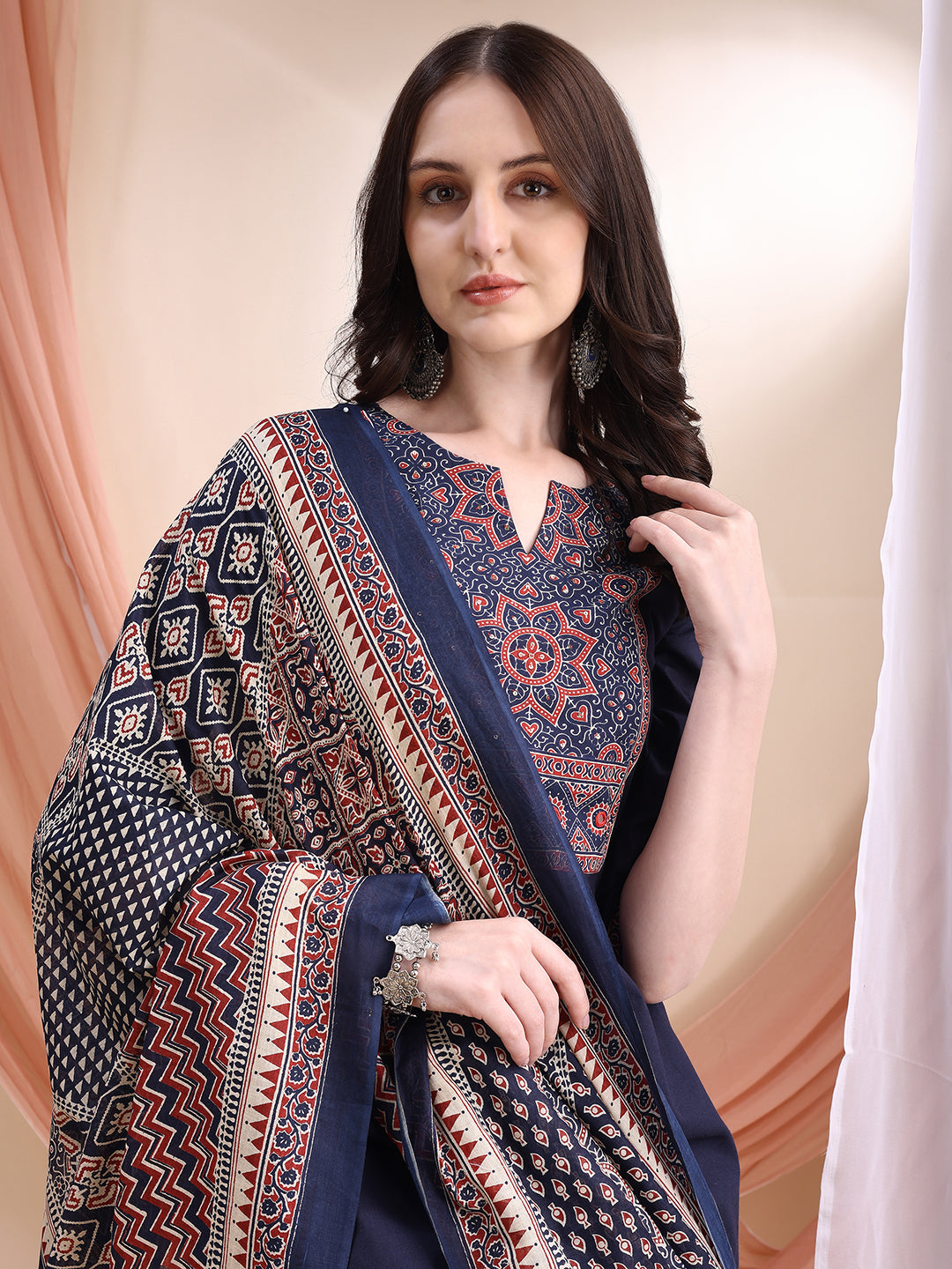 Embroidered & Ethnic Printed Kurta With Pant & Printed Dupatta, Navy Blue - Hiral Fashion - Distacart