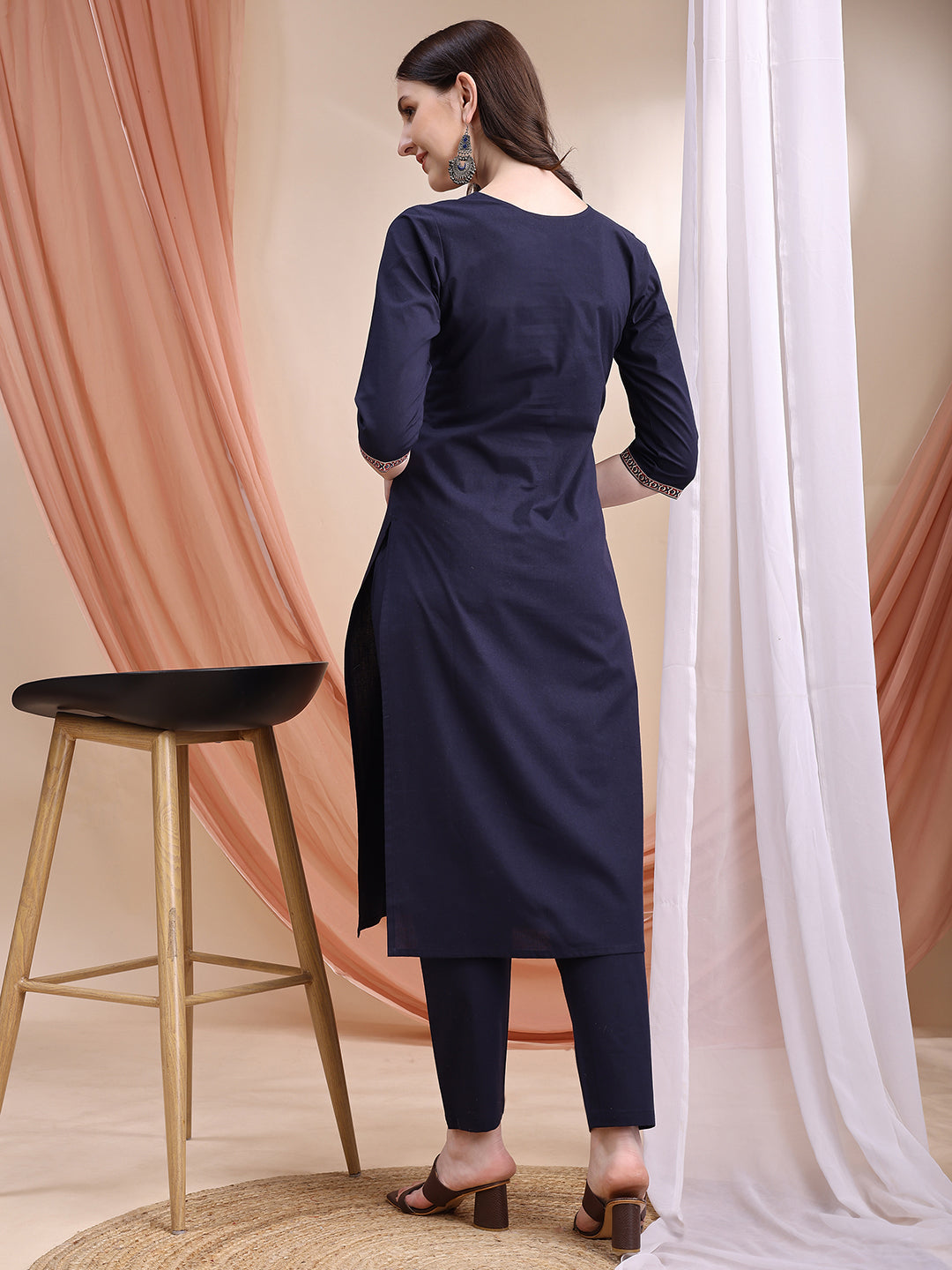 Embroidered & Ethnic Printed Kurta With Pant & Printed Dupatta, Navy Blue - Hiral Fashion - Distacart