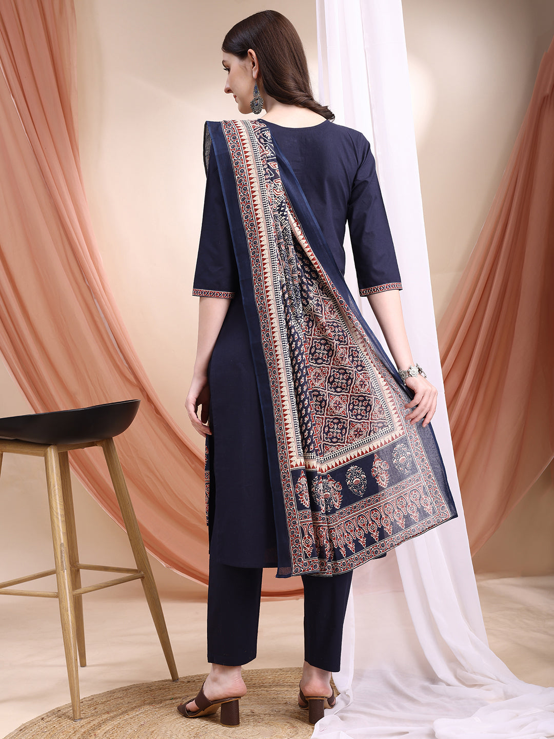 Embroidered & Ethnic Printed Kurta With Pant & Printed Dupatta, Navy Blue - Hiral Fashion - Distacart