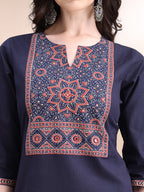 Embroidered & Ethnic Printed Kurta With Pant & Printed Dupatta, Navy Blue - Hiral Fashion - Distacart