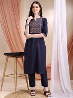 Embroidered & Ethnic Printed Kurta With Pant & Printed Dupatta, Navy Blue - Hiral Fashion - Distacart