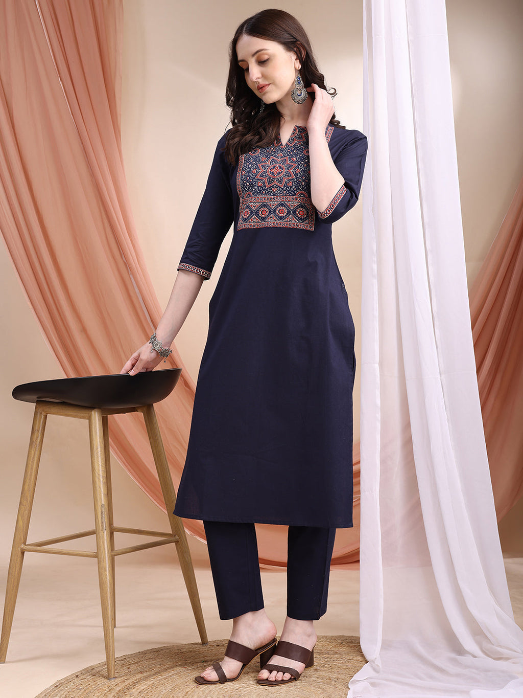 Embroidered & Ethnic Printed Kurta With Pant & Printed Dupatta, Navy Blue - Hiral Fashion - Distacart