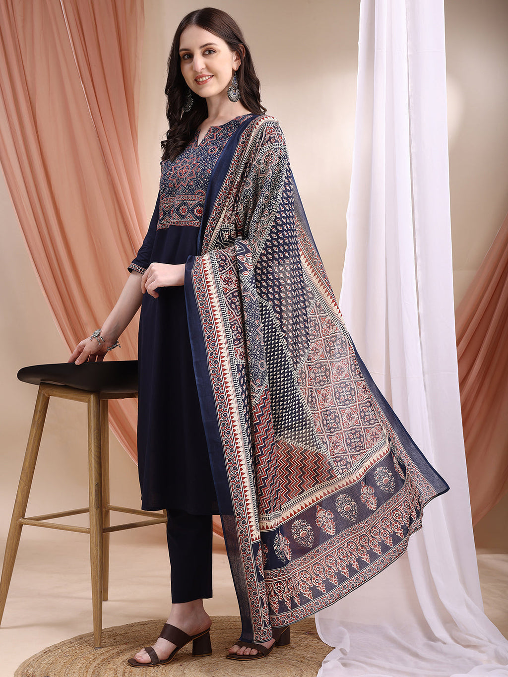 Embroidered & Ethnic Printed Kurta With Pant & Printed Dupatta, Navy Blue - Hiral Fashion - Distacart