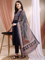 Embroidered & Ethnic Printed Kurta With Pant & Printed Dupatta, Navy Blue - Hiral Fashion - Distacart