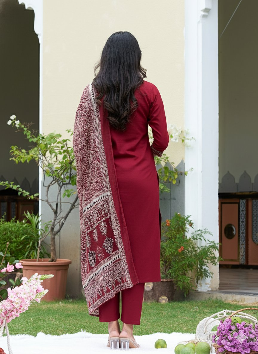 Embroidered & Ethnic Printed Kurta With Pant & Printed Dupatta, Maroon - Hiral Fashion - Distacart