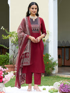 Embroidered & Ethnic Printed Kurta With Pant & Printed Dupatta, Maroon - Hiral Fashion - Distacart