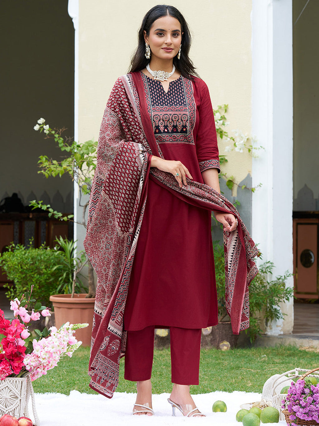 Embroidered & Ethnic Printed Kurta With Pant & Printed Dupatta, Maroon - Hiral Fashion - Distacart