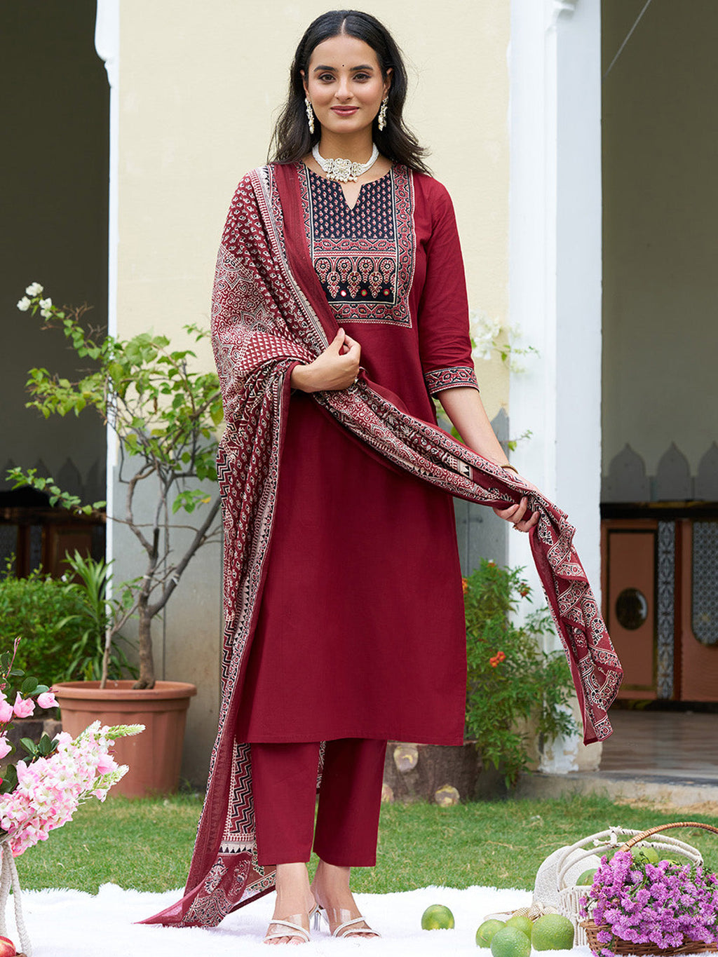 Embroidered & Ethnic Printed Kurta With Pant & Printed Dupatta, Maroon - Hiral Fashion - Distacart