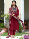 Embroidered & Ethnic Printed Kurta With Pant & Printed Dupatta, Maroon - Hiral Fashion - Distacart