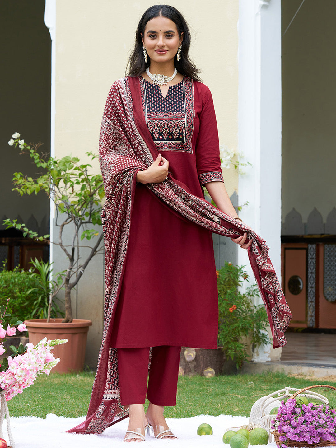 Embroidered & Ethnic Printed Kurta With Pant & Printed Dupatta, Maroon - Hiral Fashion - Distacart