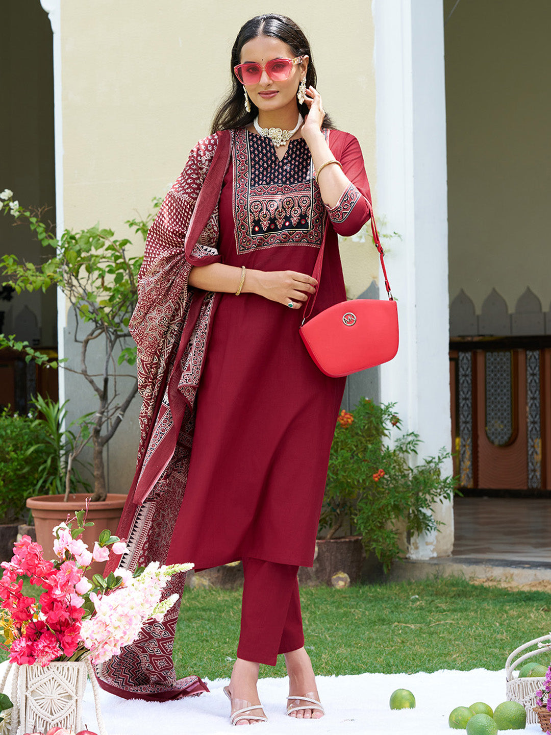 Embroidered & Ethnic Printed Kurta With Pant & Printed Dupatta, Maroon - Hiral Fashion - Distacart