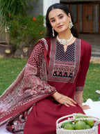 Embroidered & Ethnic Printed Kurta With Pant & Printed Dupatta, Maroon - Hiral Fashion - Distacart