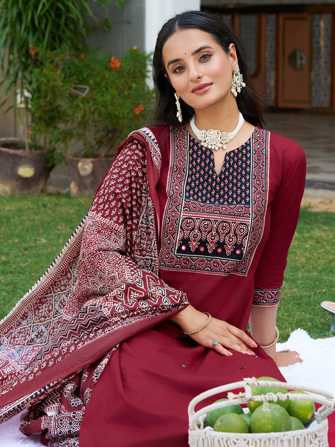 Embroidered & Ethnic Printed Kurta With Pant & Printed Dupatta, Maroon - Hiral Fashion - Distacart