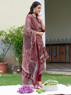 Embroidered & Ethnic Printed Kurta With Pant & Printed Dupatta, Maroon - Hiral Fashion - Distacart
