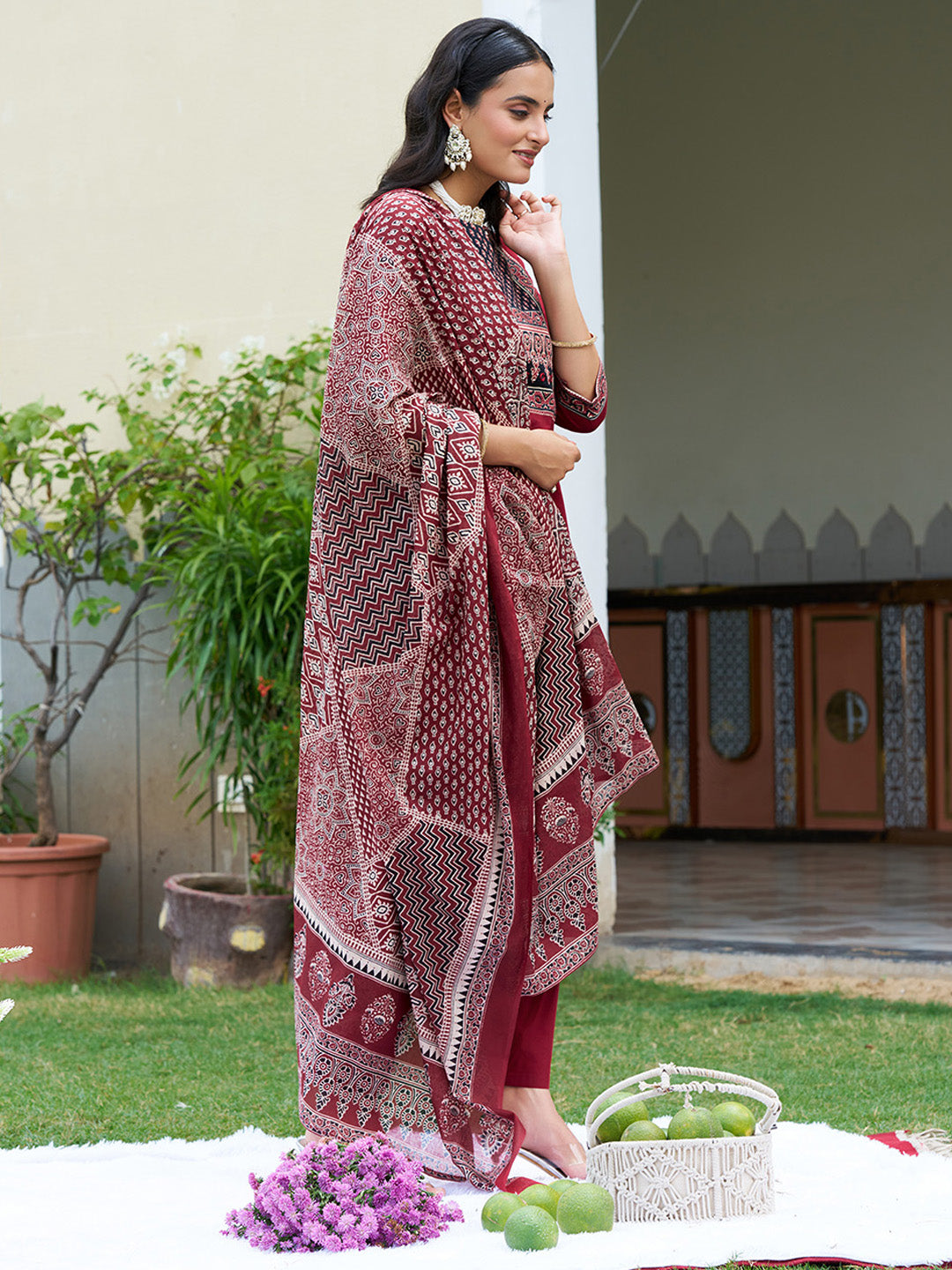 Embroidered & Ethnic Printed Kurta With Pant & Printed Dupatta, Maroon - Hiral Fashion - Distacart