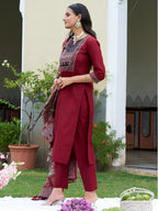 Embroidered & Ethnic Printed Kurta With Pant & Printed Dupatta, Maroon - Hiral Fashion - Distacart