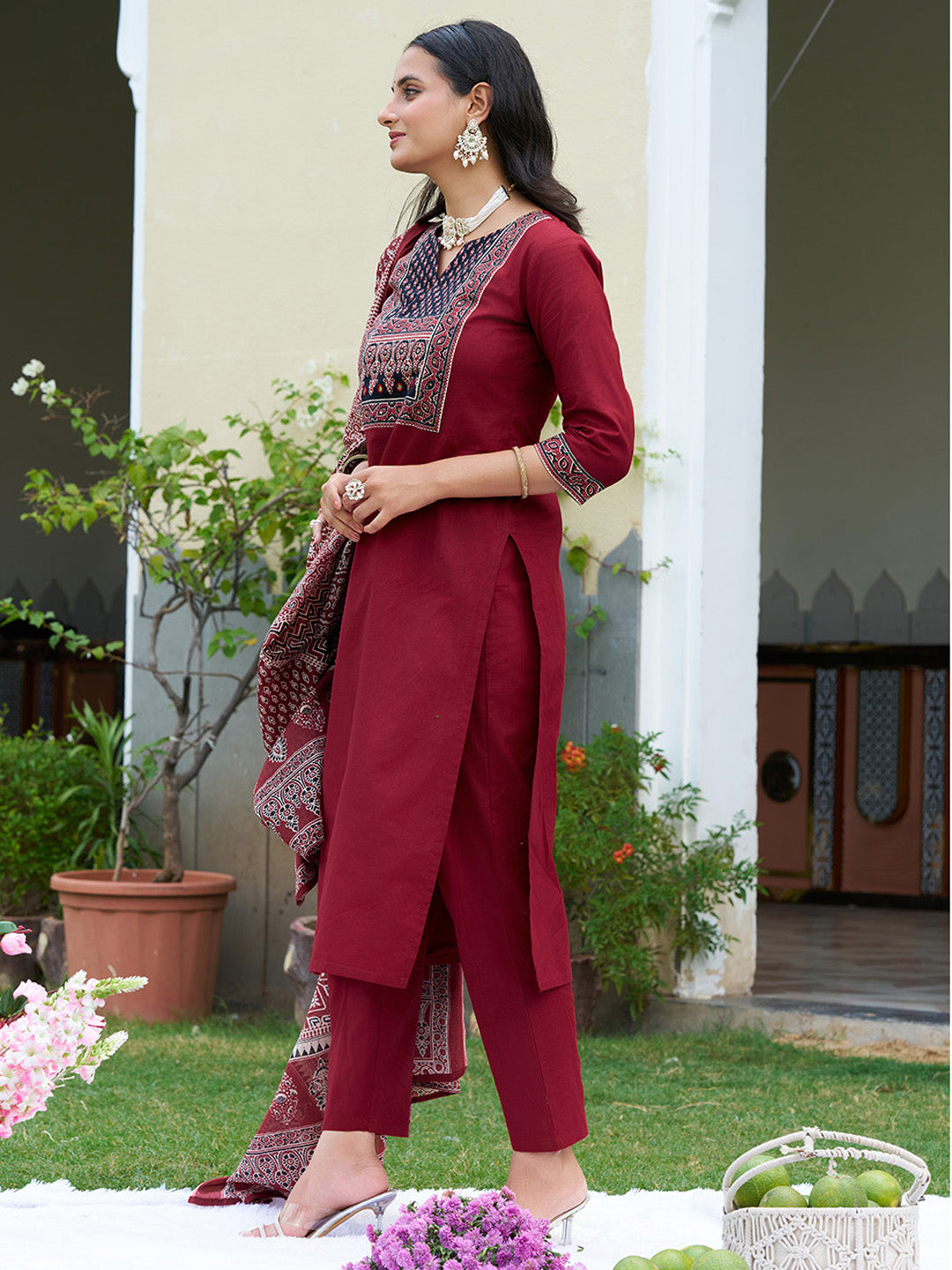 Embroidered & Ethnic Printed Kurta With Pant & Printed Dupatta, Maroon - Hiral Fashion - Distacart