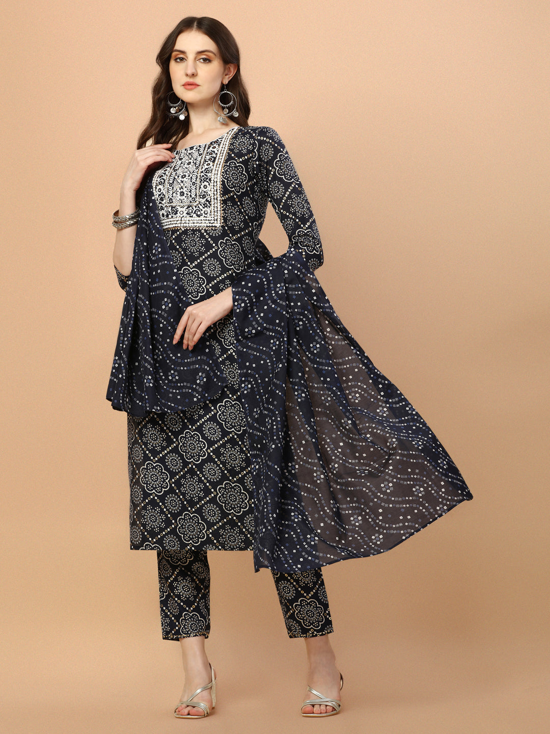 Bandhani Printed & Embroidered Kurta With Pant And Dupatta Set, Multicolor - Hiral Fashion - Distacart
