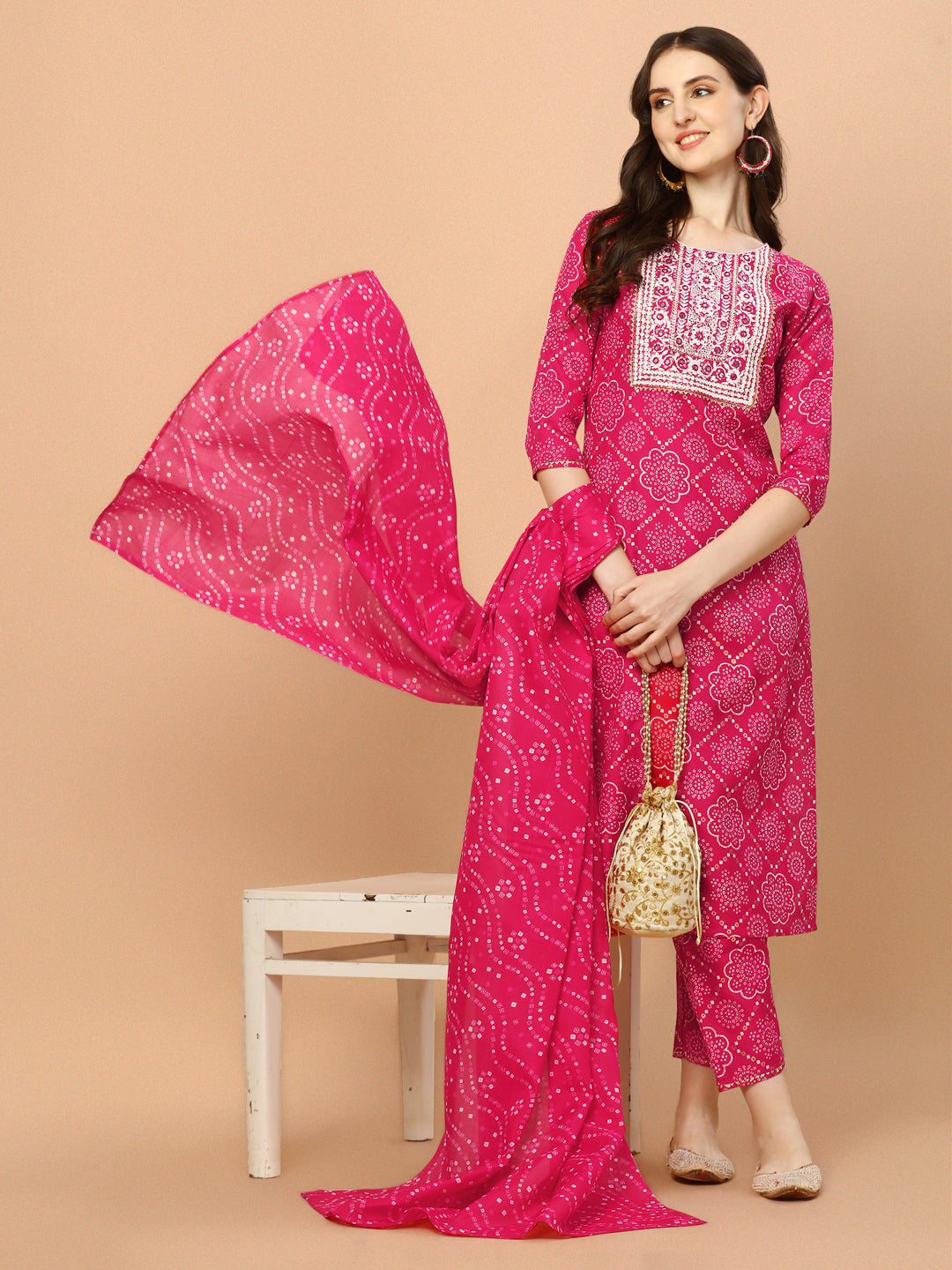 Bandhani Printed & Embroidered Kurta With Pant And Dupatta Set, Multicolor - Hiral Fashion
